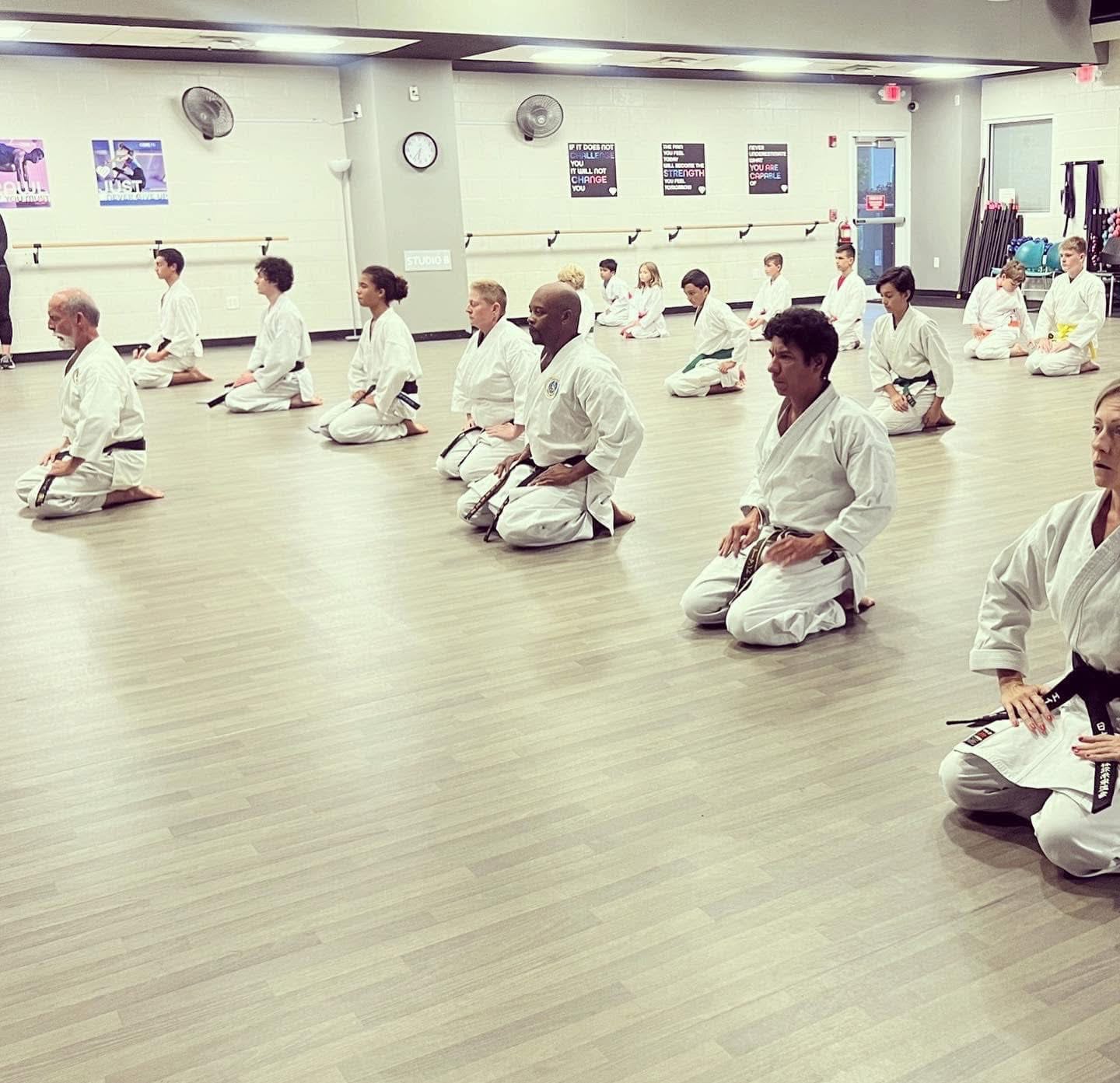 A full class of students of all ages kneeling in seiza on the dojo floor