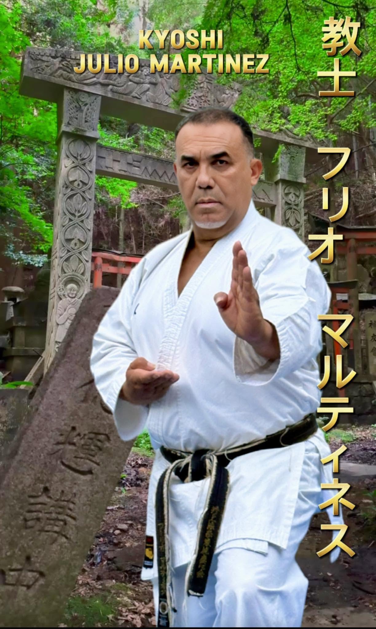 Kyoshi Julio Martinez in kamae before a torii gate