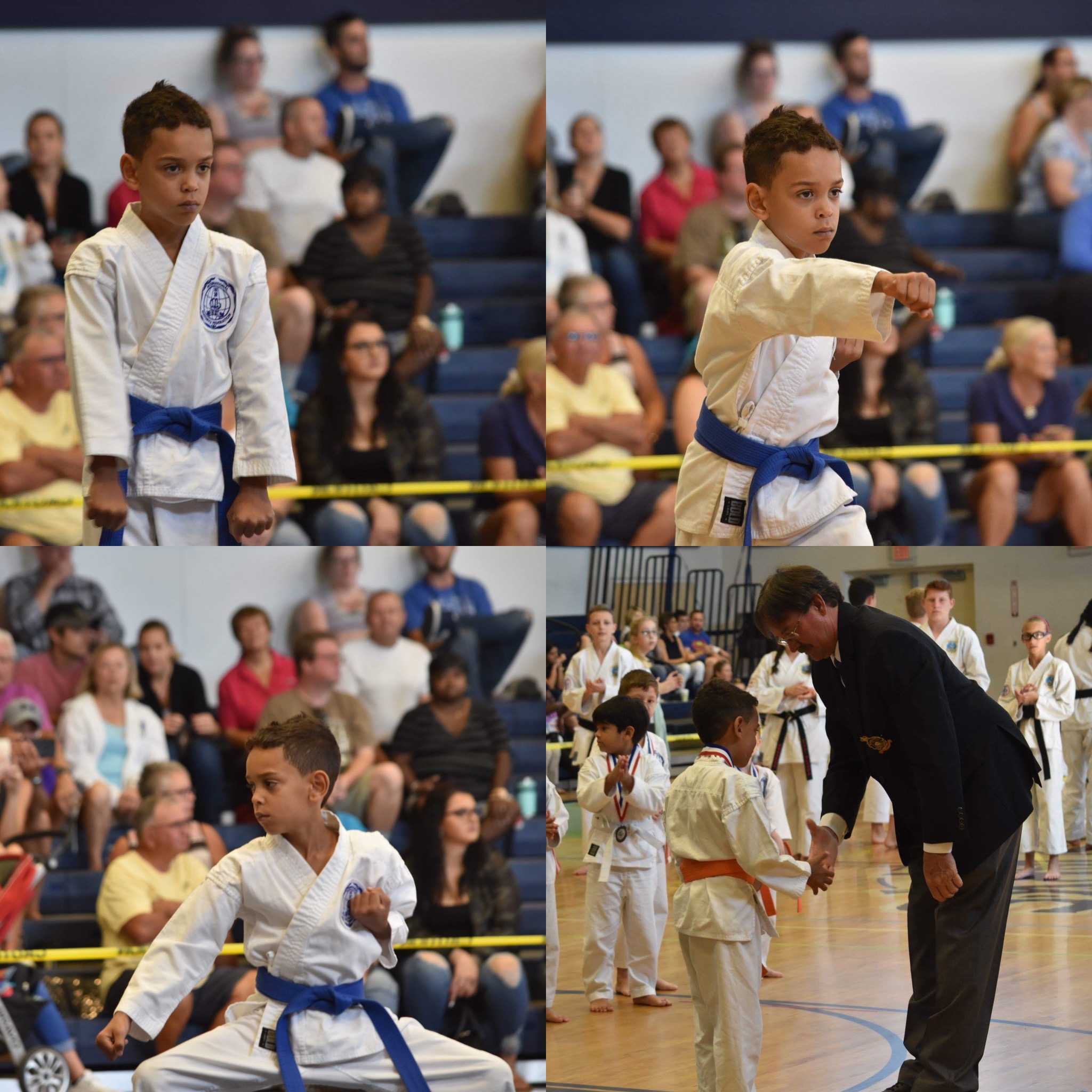 A young karateka performing kata and receiving an award at a tournament